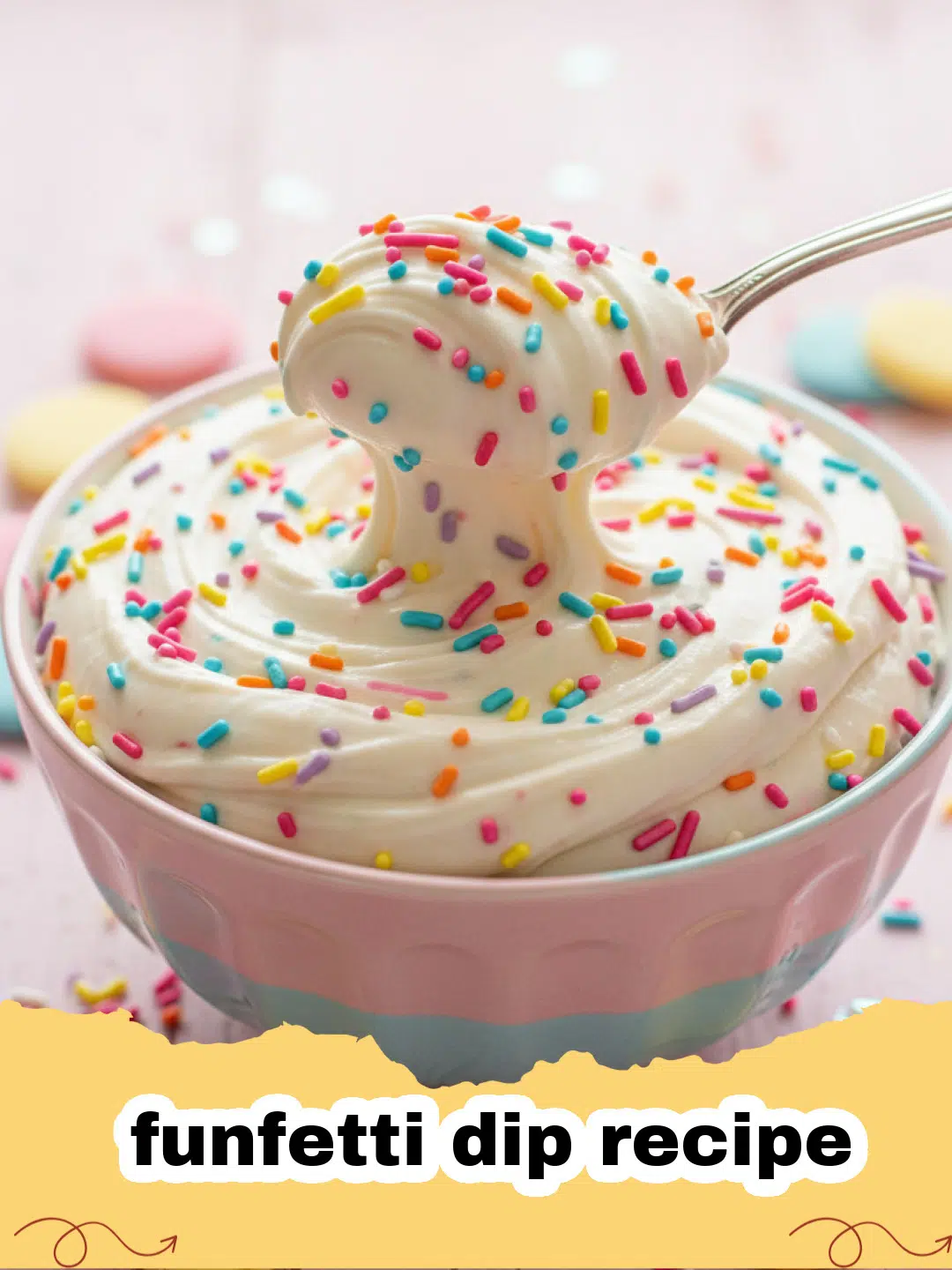 funfetti dip recipe - A vibrant bowl of funfetti dip surrounded by various dippers like cookies and pretzels, on a festive background.