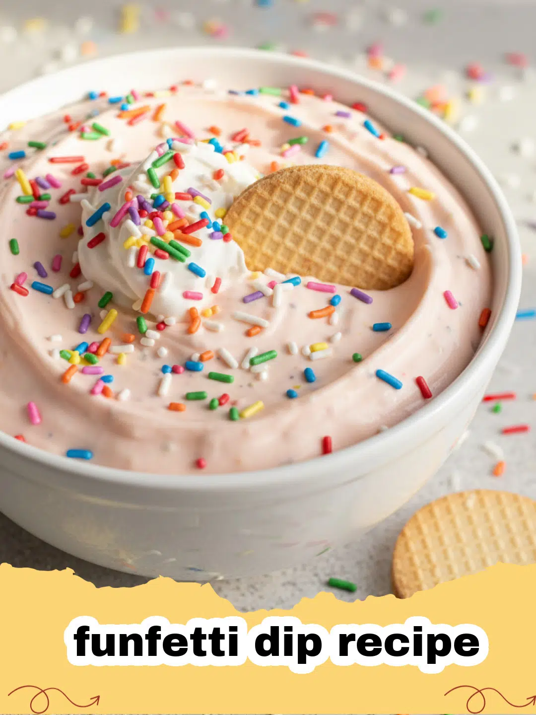funfetti dip recipe - A festive bowl of creamy funfetti dip with colorful sprinkles, surrounded by various dippers like graham crackers, Nilla wafers, and fruit slices.