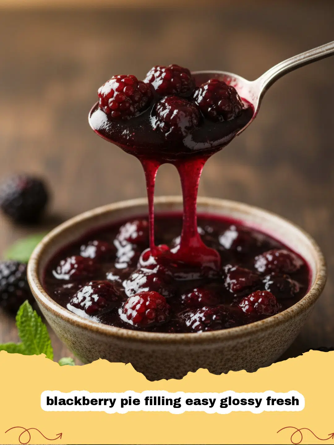 blackberry pie filling easy glossy fresh - A close-up shot of a glossy, purple blackberry pie filling in a glass bowl, with fresh blackberries scattered around.