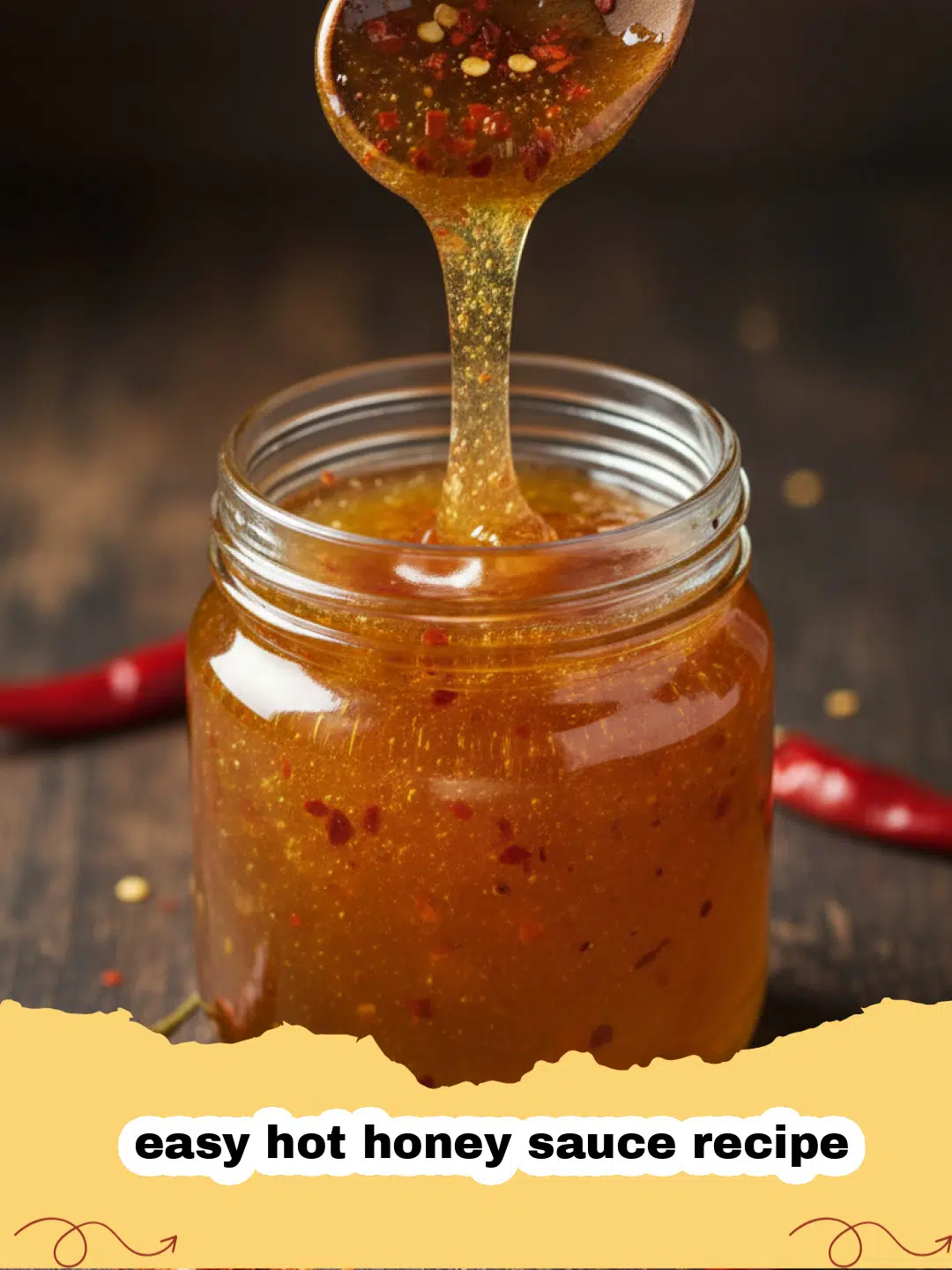easy hot honey sauce recipe - A jar of vibrant, golden easy hot honey sauce with red pepper flakes visible.