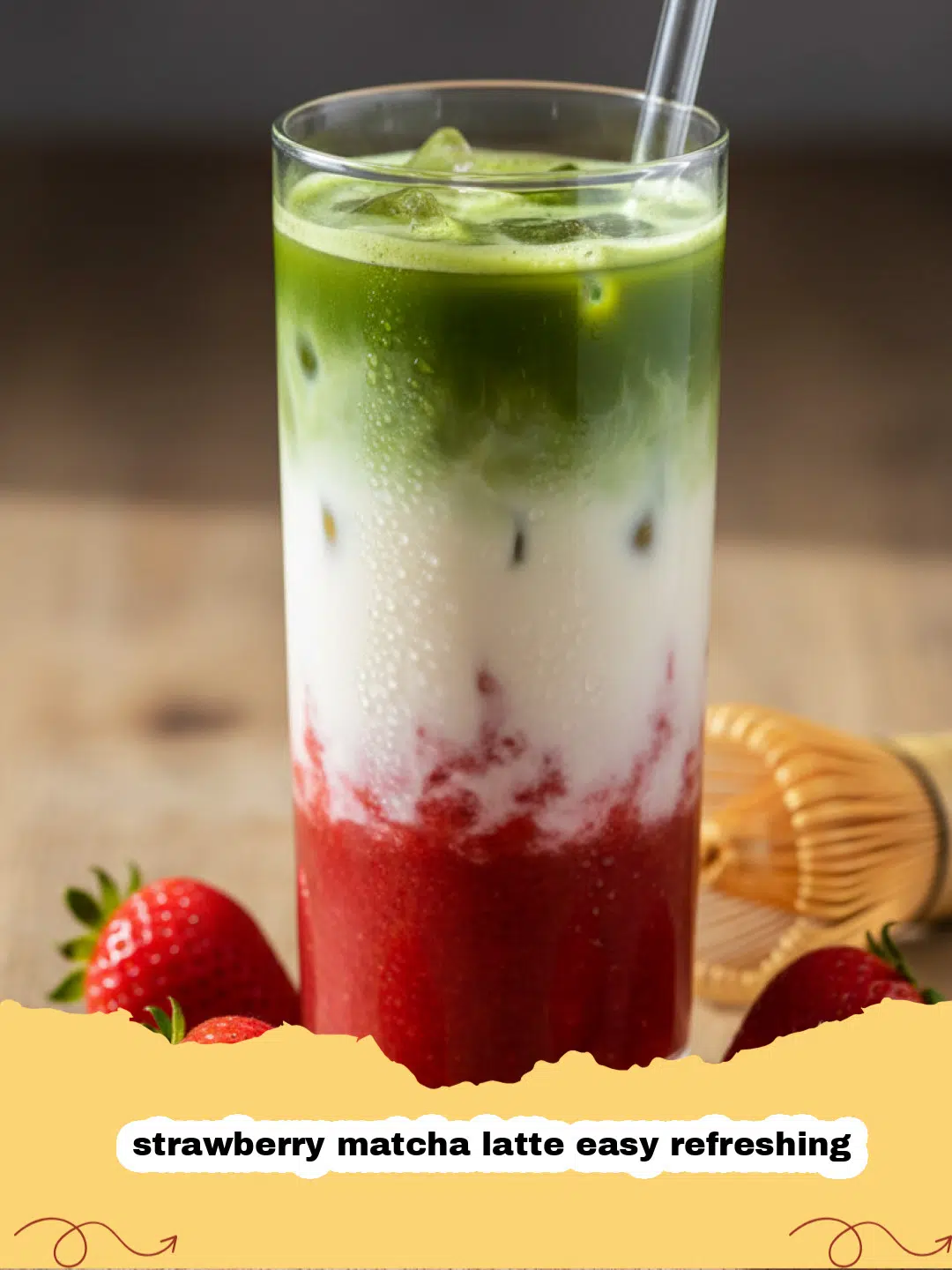 strawberry matcha latte easy refreshing - A refreshing iced strawberry matcha latte in a clear glass with distinct layers of pink strawberry, white milk, and green matcha, garnished with a fresh strawberry
