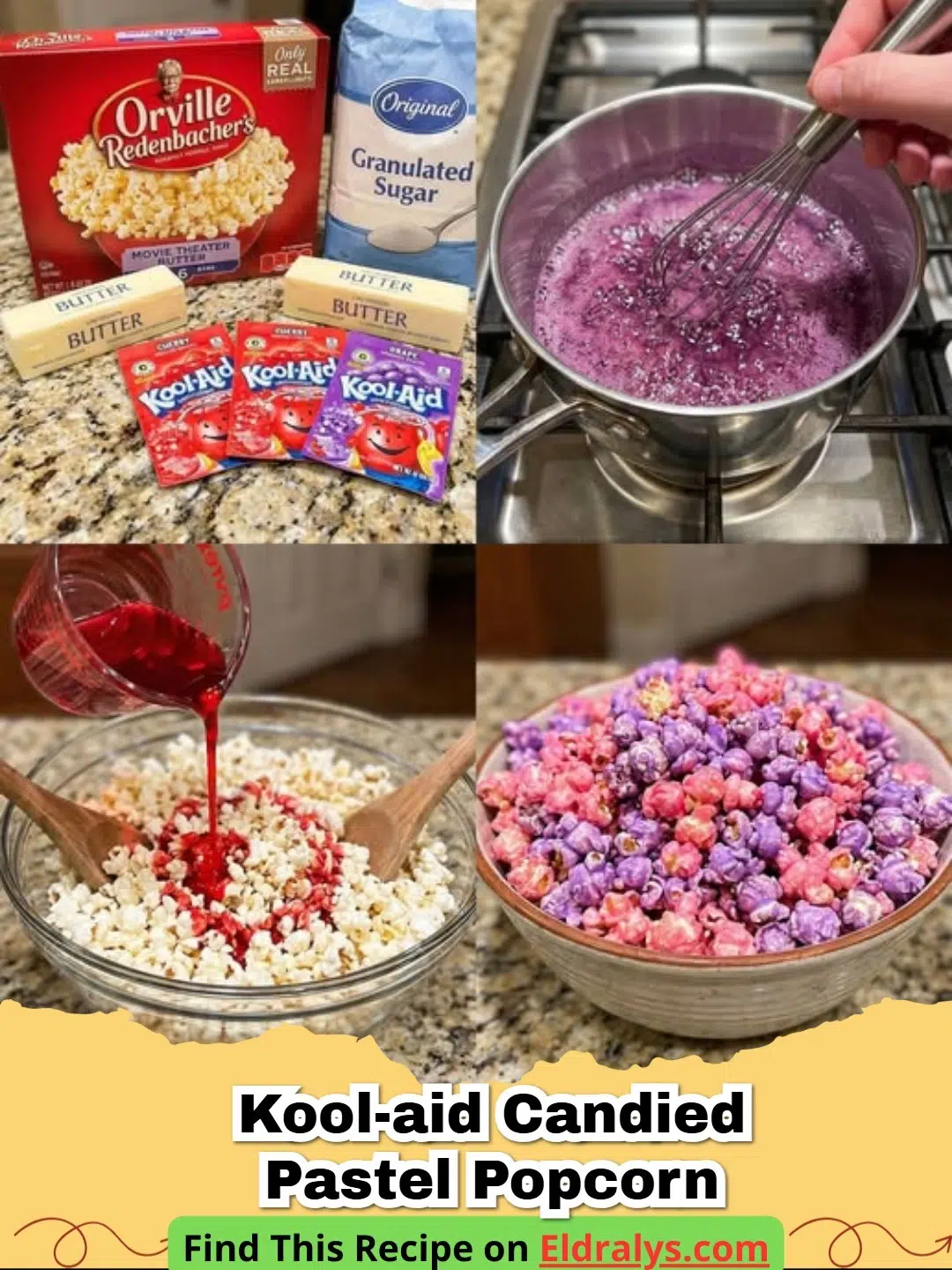 A close up shot of vibrant pink and purple Easy Kool-Aid Candied Popcorn in a glass bowl