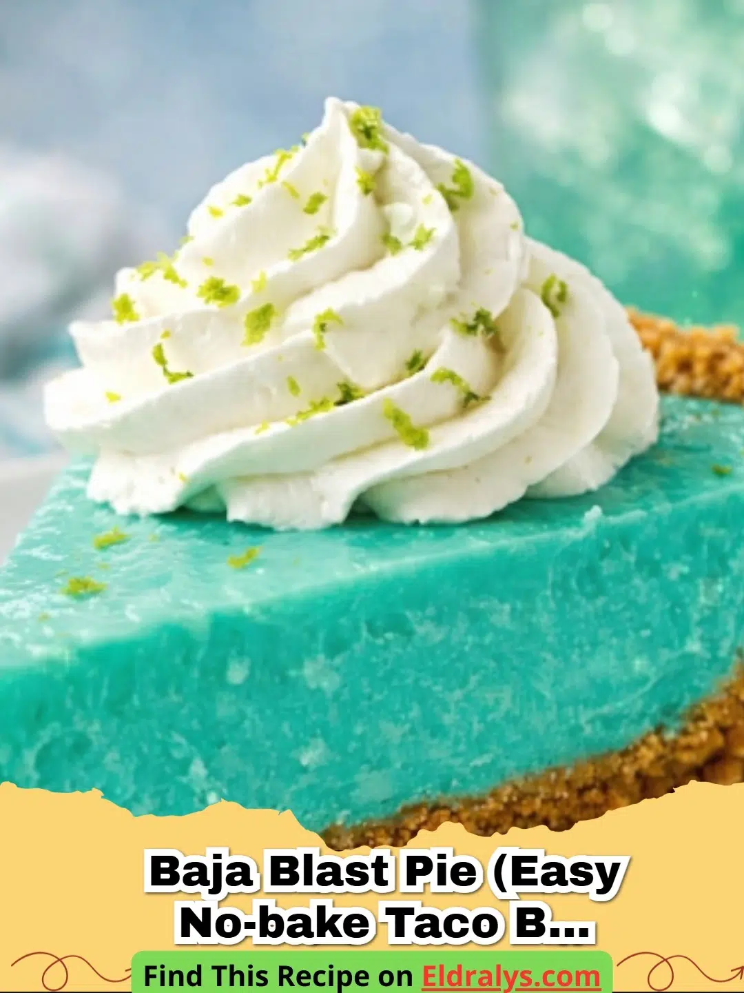 A vibrant teal colored Easy No-Bake Baja Blast Pie (Taco Bell Copycat) topped with lime slices on a white plate.