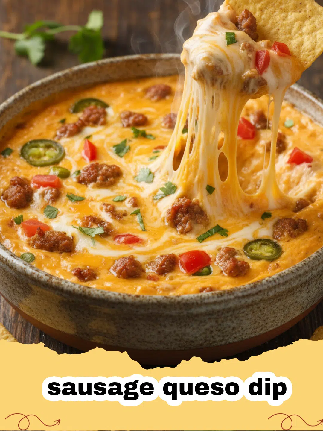 A close-up shot of a bubbling, creamy sausage queso dip in a white ceramic bowl, garnished with fresh cilantro, surrounded by tortilla chips.