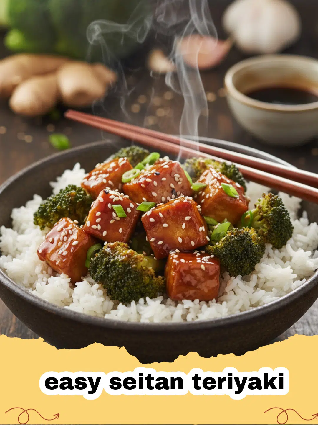 easy seitan teriyaki - Close-up of golden brown seitan pieces coated in a glossy, rich teriyaki sauce, garnished with sesame seeds and green onions.
