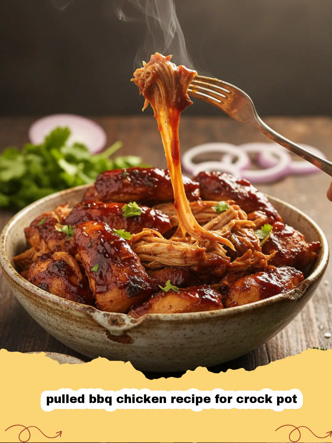 pulled bbq chicken recipe for crock pot - Close-up of shredded BBQ chicken in a crock pot, ready to be served on buns.