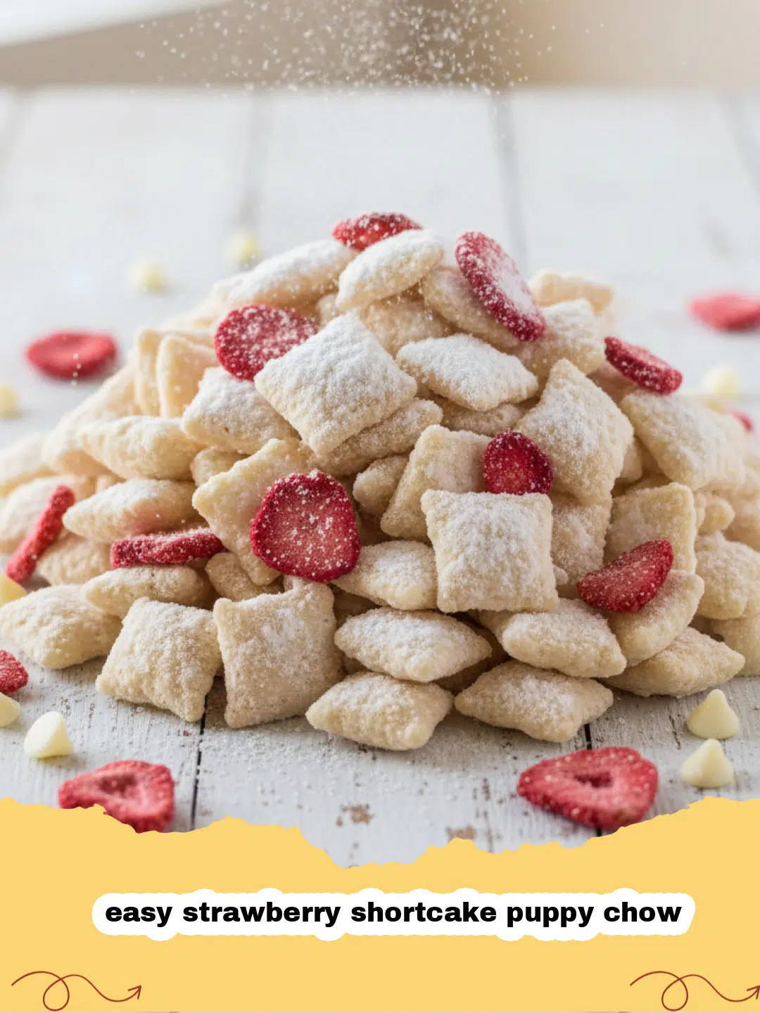 A bowl of easy strawberry shortcake puppy chow with a spoon, showing a mix of pink and white coated cereal with strawberry crumbs.