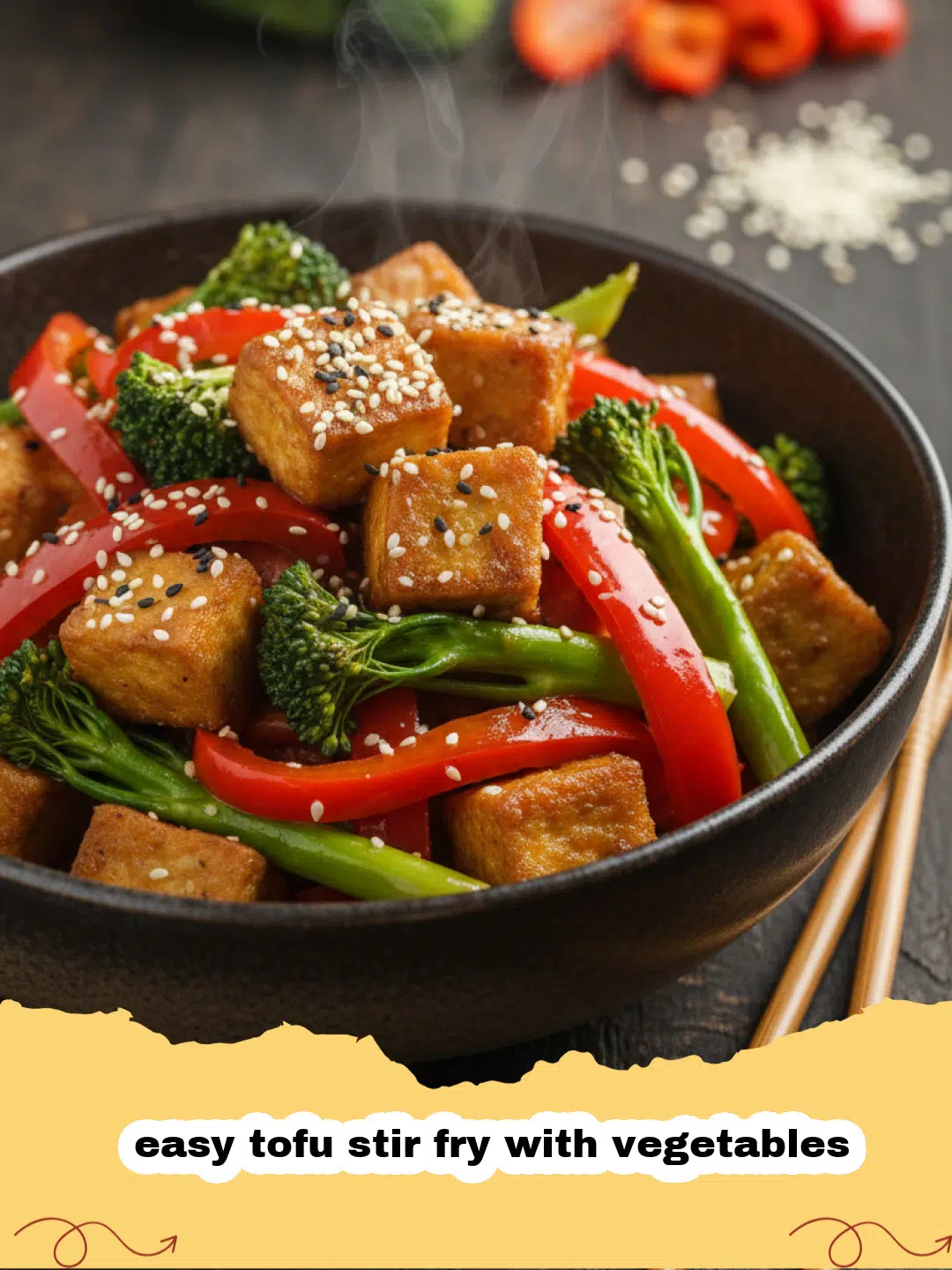 Close-up of a vibrant easy tofu stir fry with vegetables in a wok, garnished with sesame seeds and green onions.