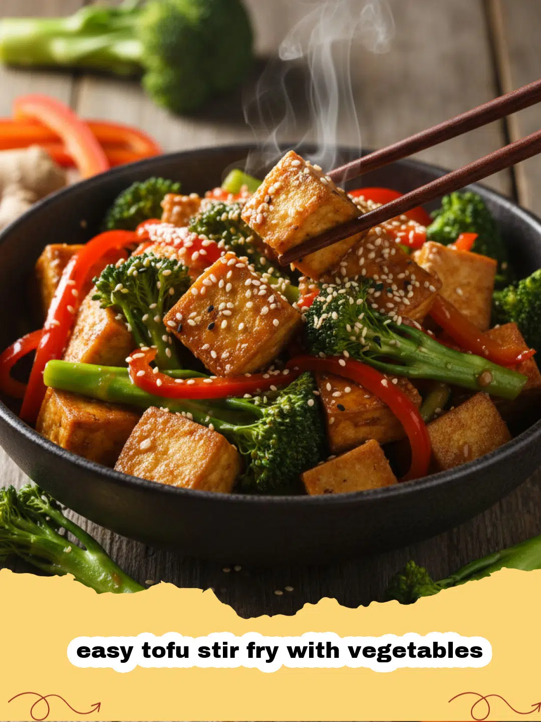A vibrant and delicious easy tofu stir fry with vegetables served over rice, garnished with sesame seeds and green onions.