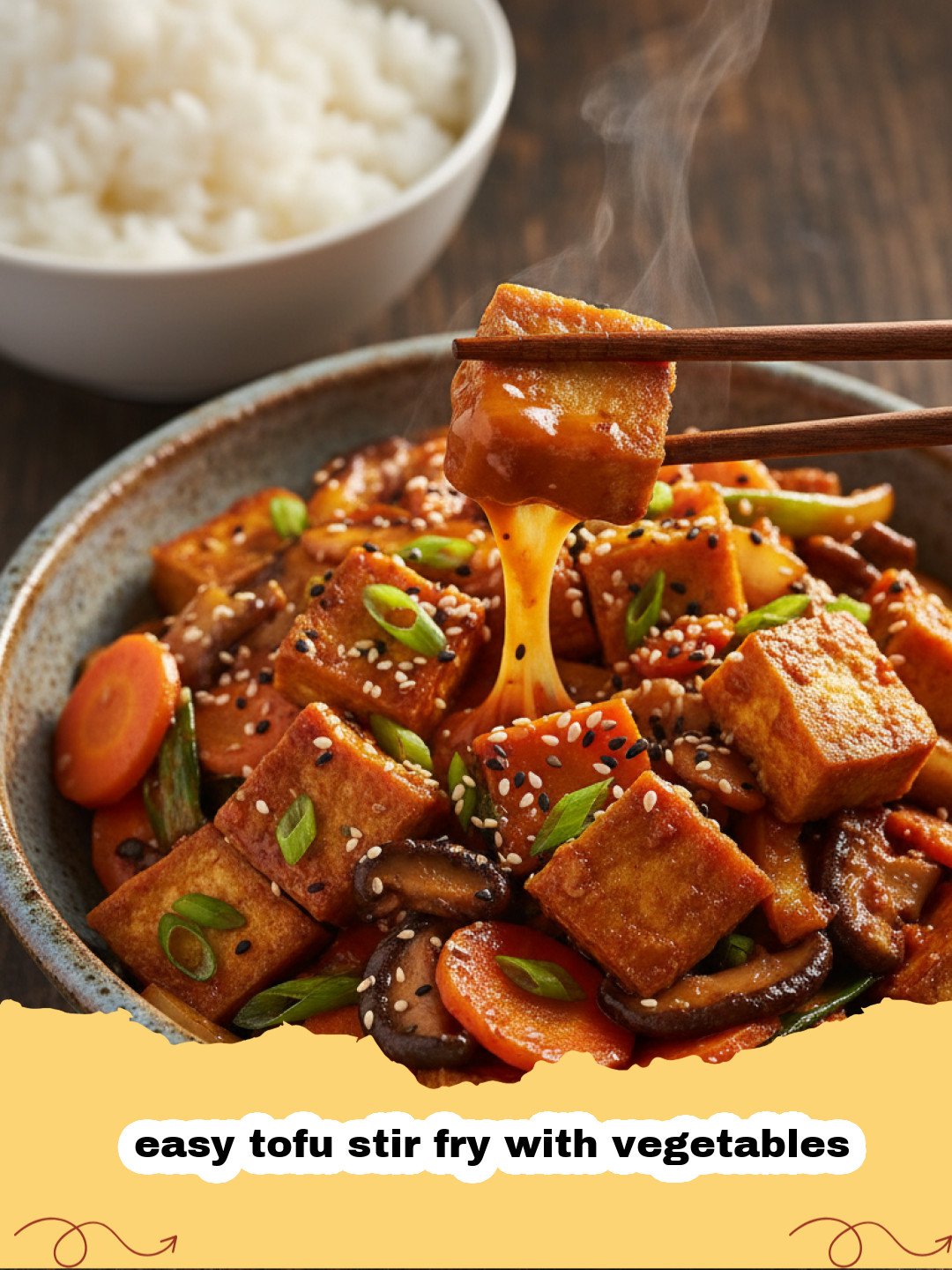 A vibrant easy tofu stir fry with vegetables in a wok, with crispy tofu cubes, broccoli, bell peppers, and snap peas, garnished with sesame seeds.