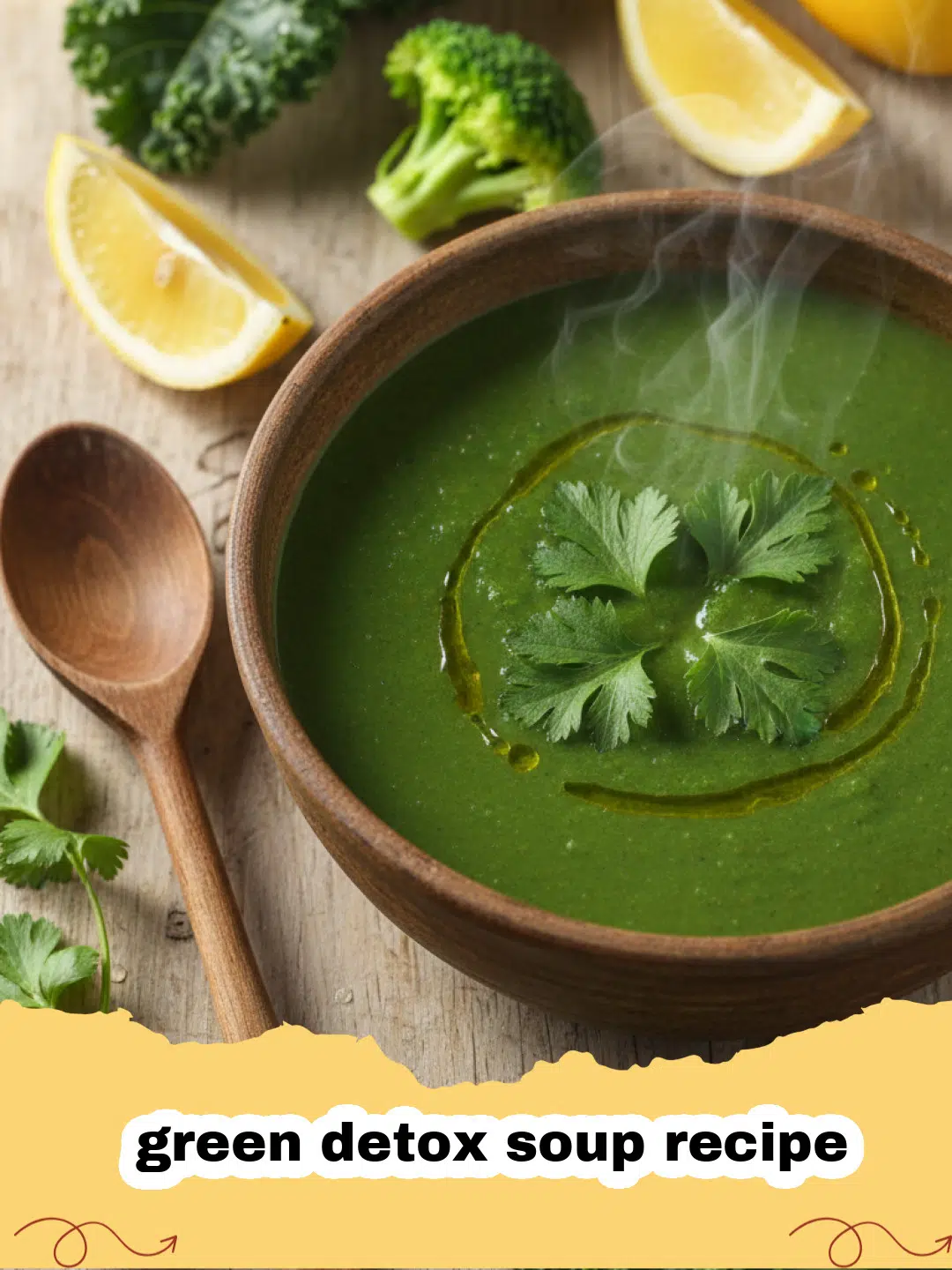 green detox soup recipe - Close-up of a vibrant green detox soup in a white bowl, garnished with fresh herbs and a slice of lemon.