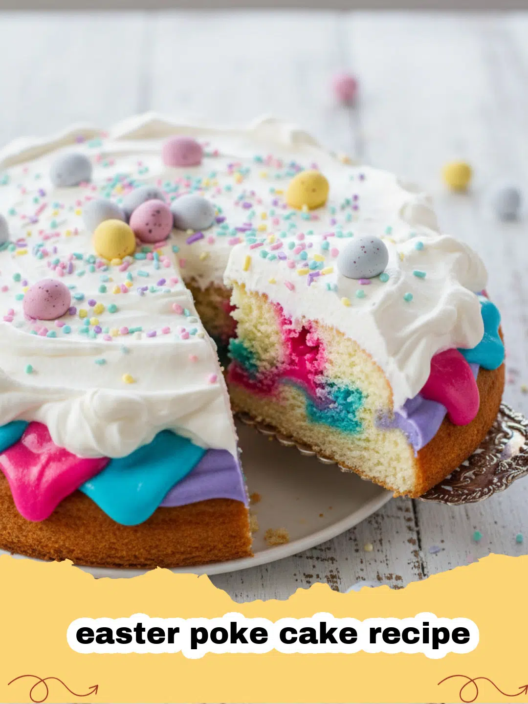 easter poke cake recipe - A brightly colored Easter poke cake with whipped cream and sprinkles on a festive platter.
