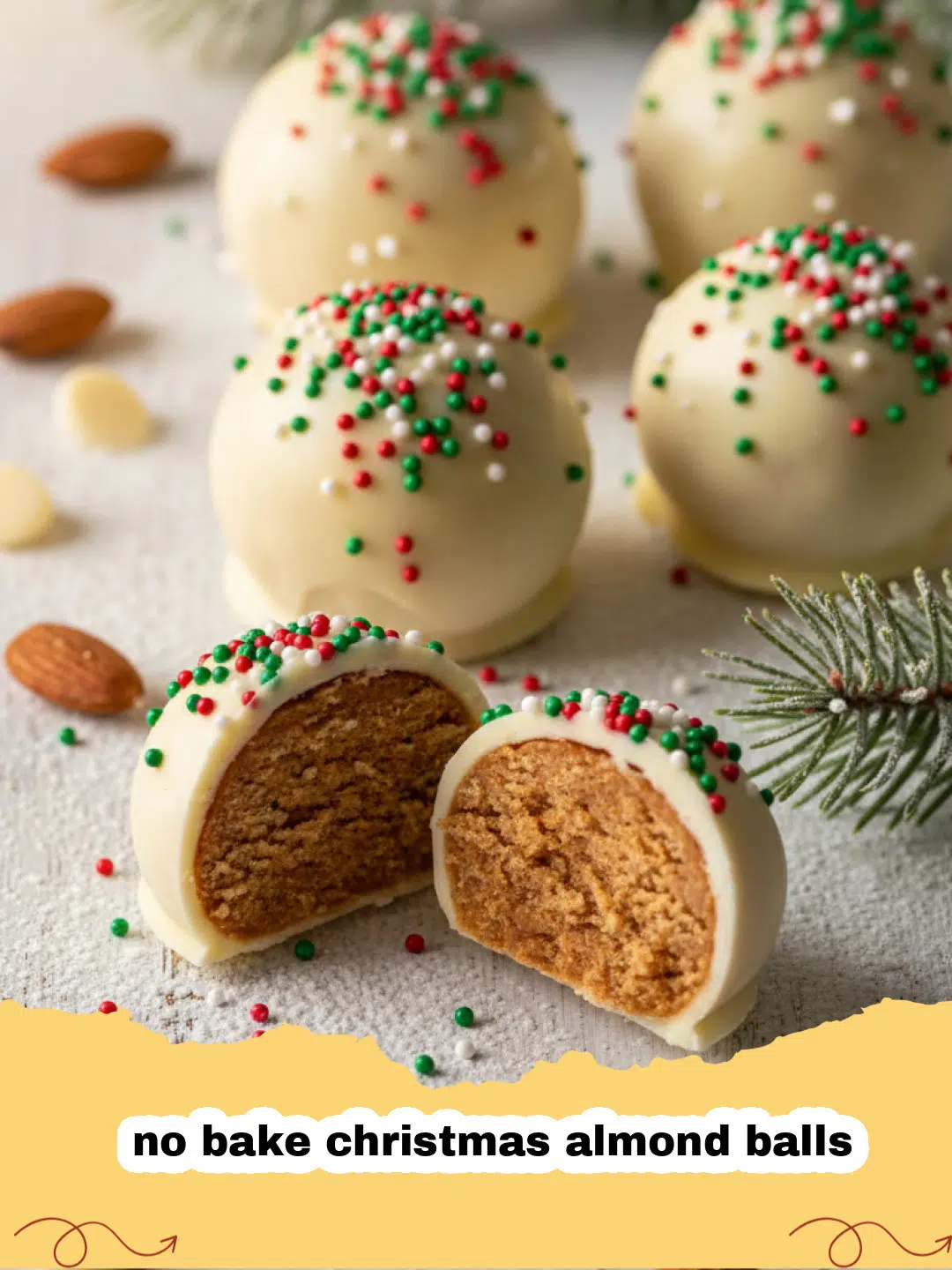 no bake christmas almond balls - Pile of snow-dusted no bake Christmas almond balls on a festive plate with pinecones