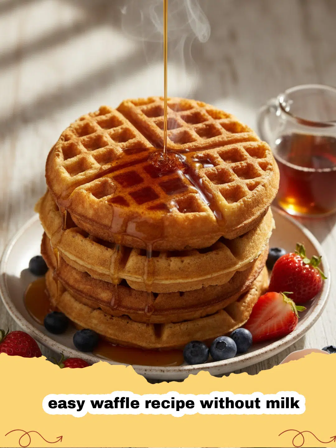 easy waffle recipe without milk - Stack of fluffy, golden easy waffles without milk, topped with fresh berries and maple syrup on a white plate.