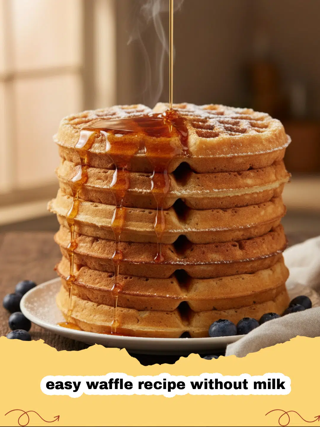 easy waffle recipe without milk - Stack of golden-brown fluffy waffles without milk, topped with fresh berries and maple syrup on a white plate.