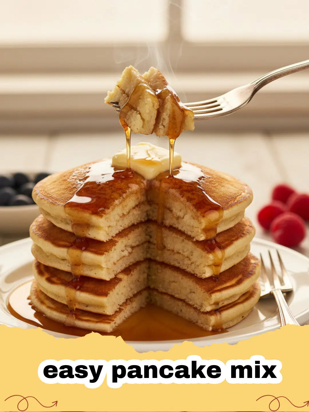 easy pancake mix - Stack of fluffy golden pancakes made from easy homemade pancake mix, topped with berries and syrup.