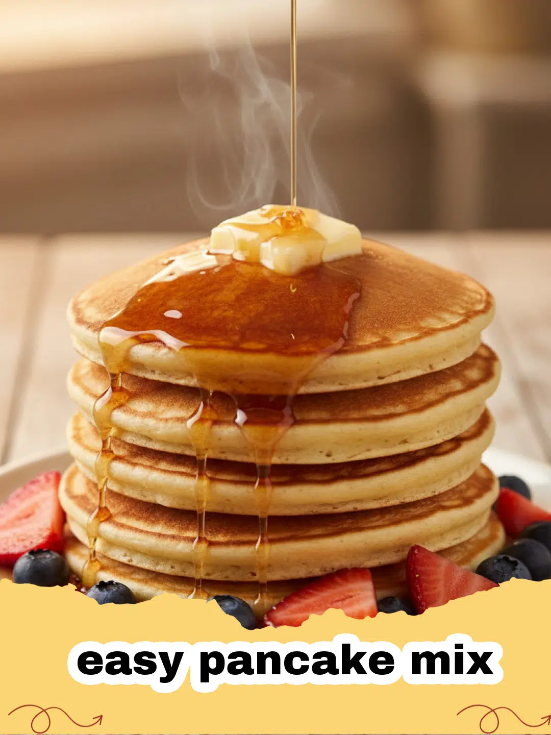 Stack of fluffy golden pancakes made from easy pancake mix, drizzled with maple syrup and topped with fresh berries.