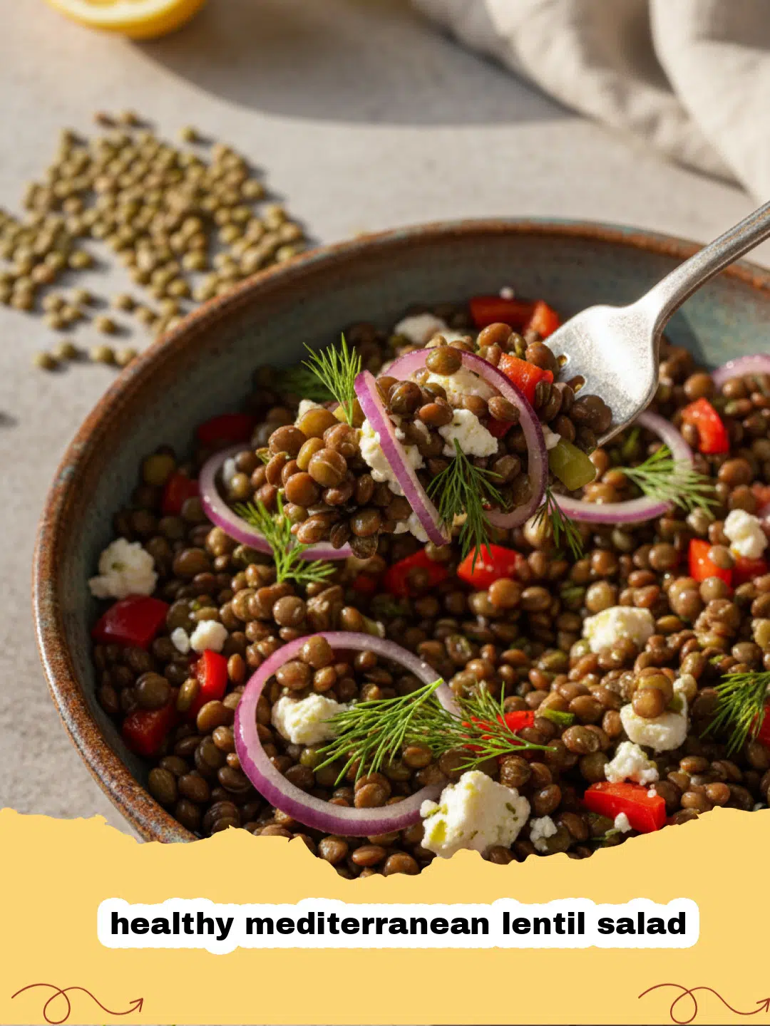 healthy mediterranean lentil salad - A close-up shot of a vibrant Healthy Mediterranean Lentil Salad in a white bowl, garnished with fresh mint and a lemon wedge.