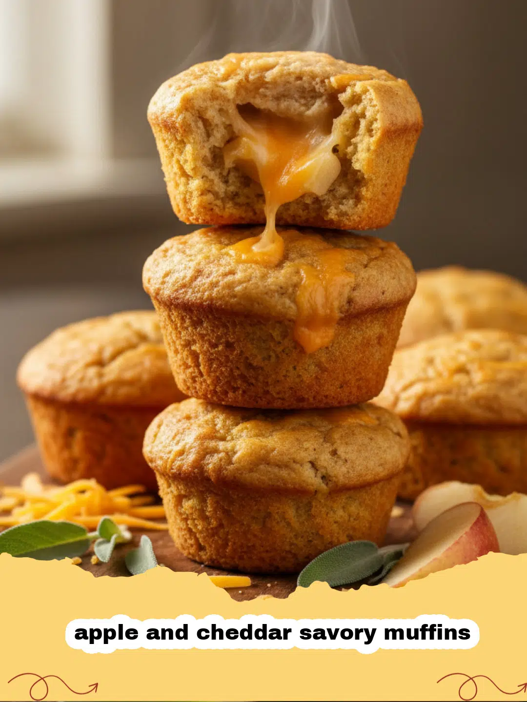Golden brown apple and cheddar savory muffins on a cooling rack
