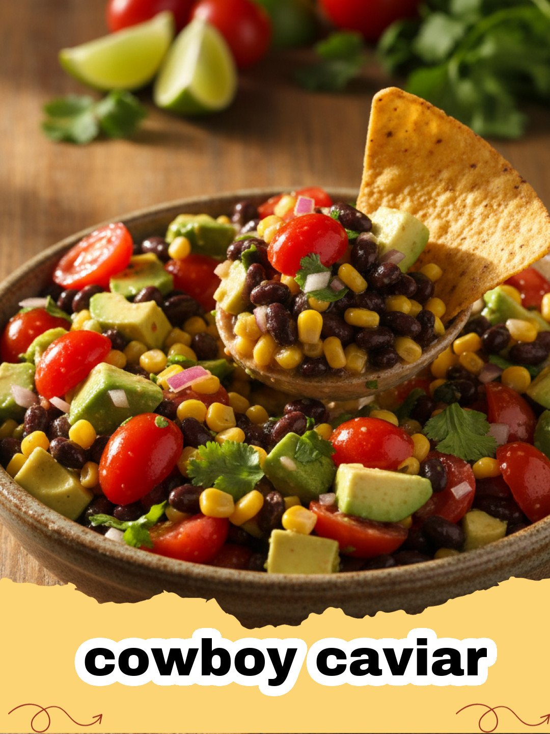 A vibrant bowl of colorful cowboy caviar with tortilla chips on the side, ready to be served.