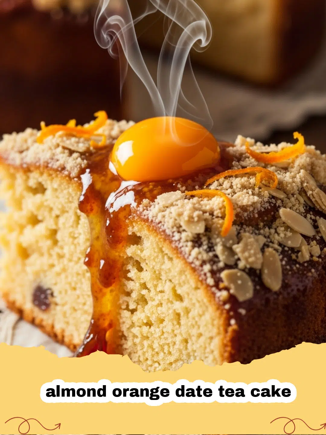 A beautiful almond orange date tea cake topped with sliced almonds on a rustic wooden table.