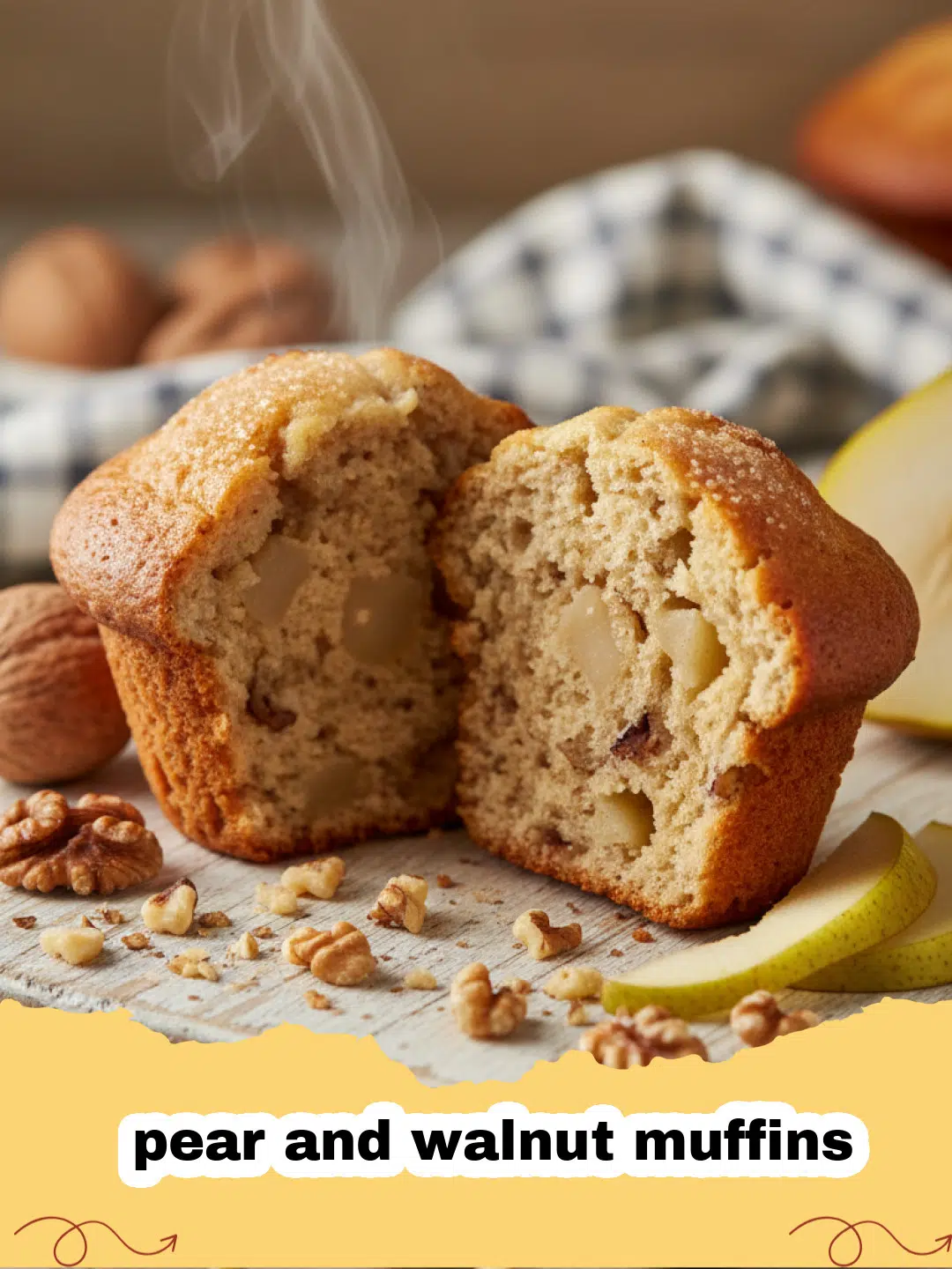 A stack of fresh pear and walnut muffins on a cooling rack with sliced pears nearby