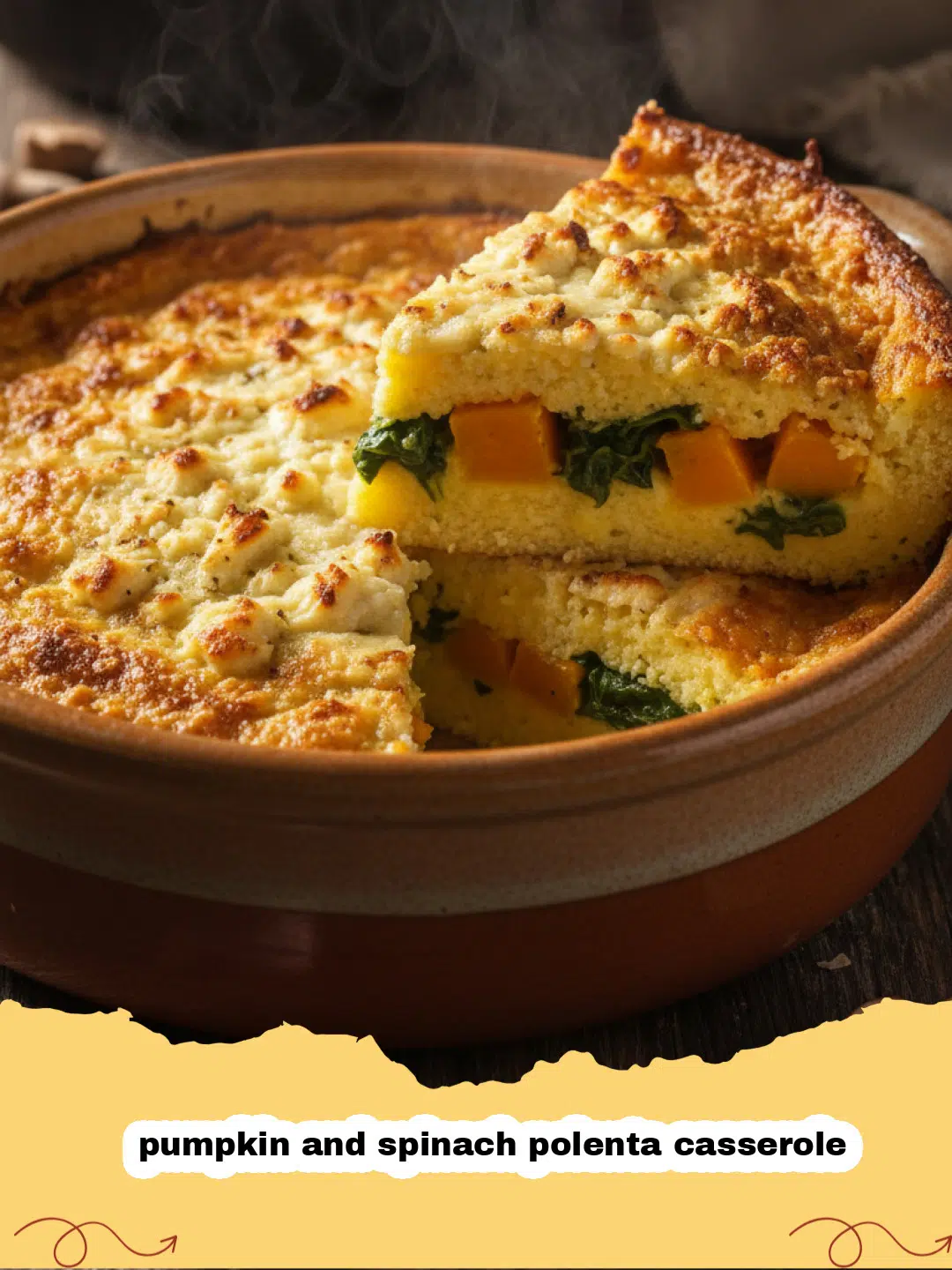 A golden-brown pumpkin and spinach polenta casserole in a white ceramic dish