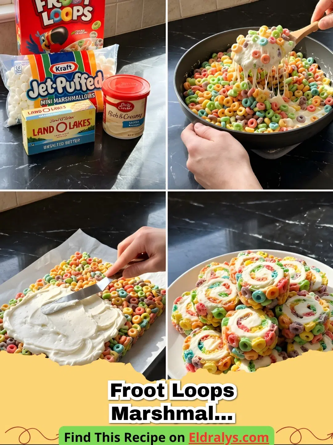 A close-up shot of colorful Froot Loops Marshmallow Pinwheels showing the spiral frosting center.