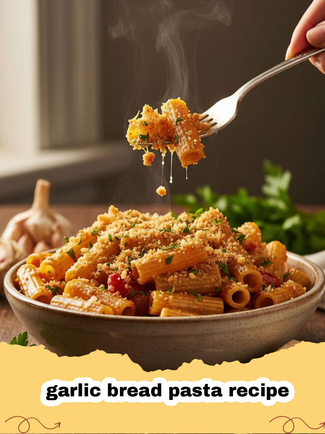 garlic bread pasta recipe - A close-up of creamy garlic bread pasta in a bowl, garnished with fresh parsley and Parmesan cheese.