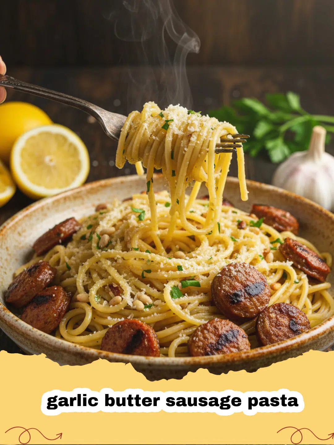 Close-up of a plate of creamy garlic butter sausage pasta garnished with fresh parsley and Parmesan cheese.