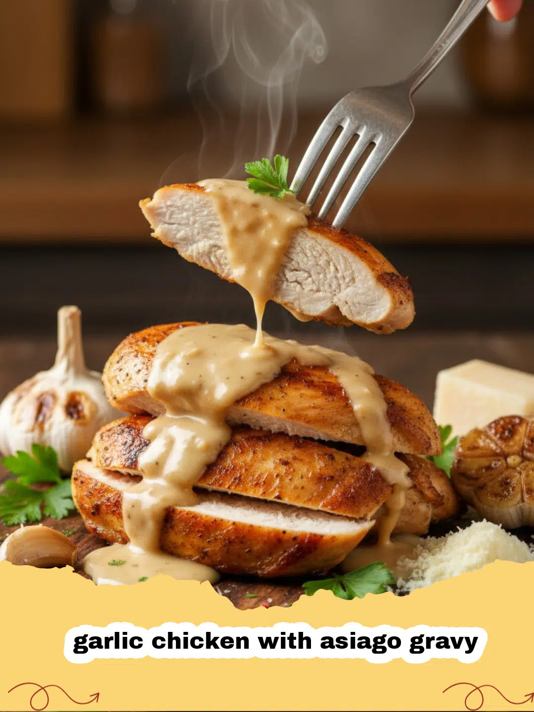 garlic chicken with asiago gravy - Close-up of golden brown garlic chicken breasts smothered in a creamy Asiago cheese gravy, garnished with fresh parsley.