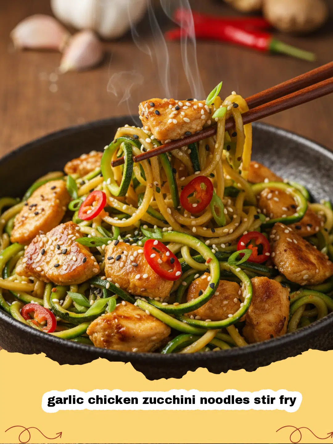 A close-up of a vibrant garlic chicken zucchini noodles stir fry in a white bowl, garnished with sesame seeds and green onions.