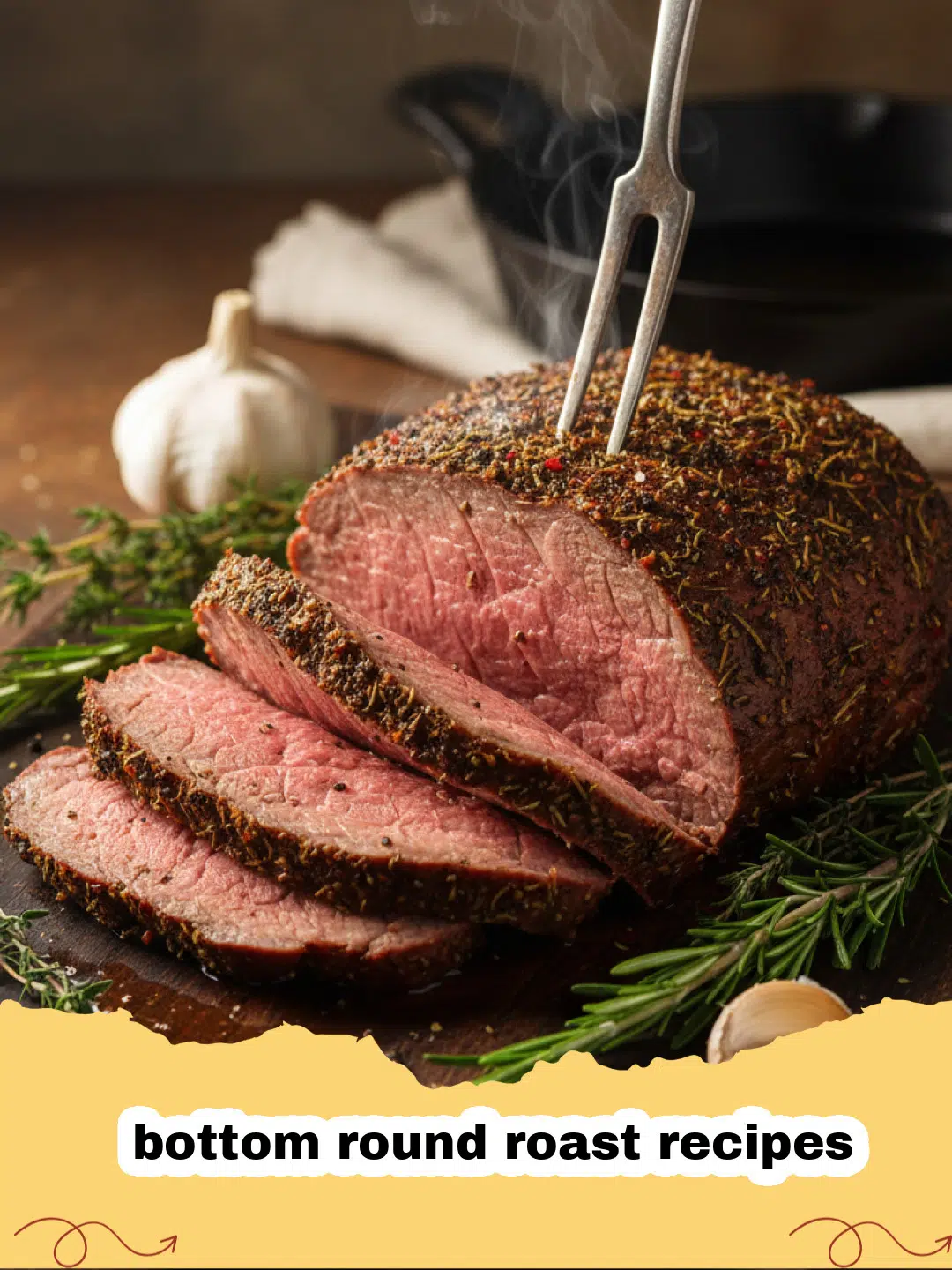 bottom round roast recipes - A perfectly roasted bottom round roast, thinly sliced, surrounded by tender carrots, potatoes, and onions on a rustic wooden cutting board.