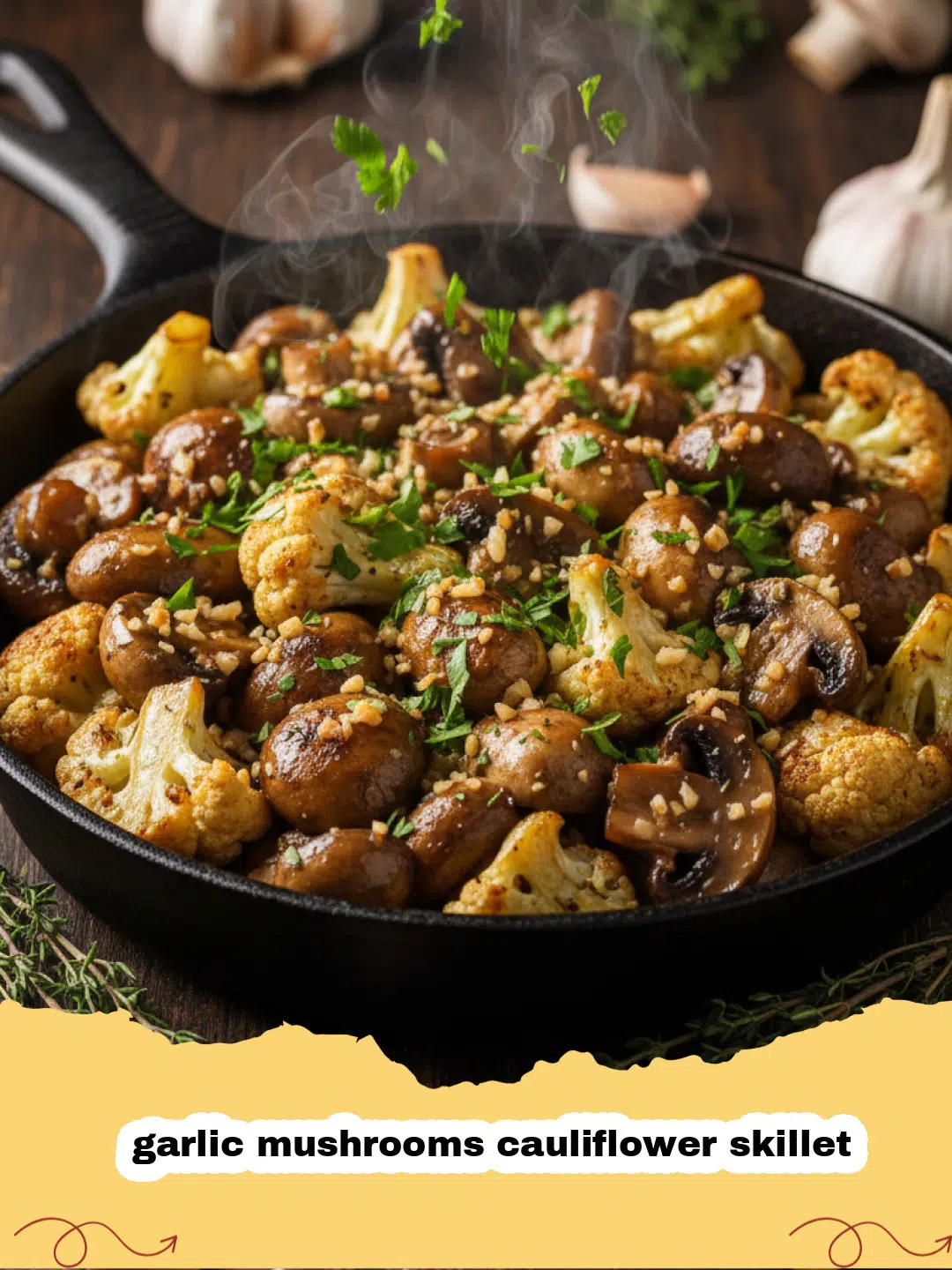 A vibrant garlic mushrooms cauliflower skillet with fresh herbs, ready to serve.