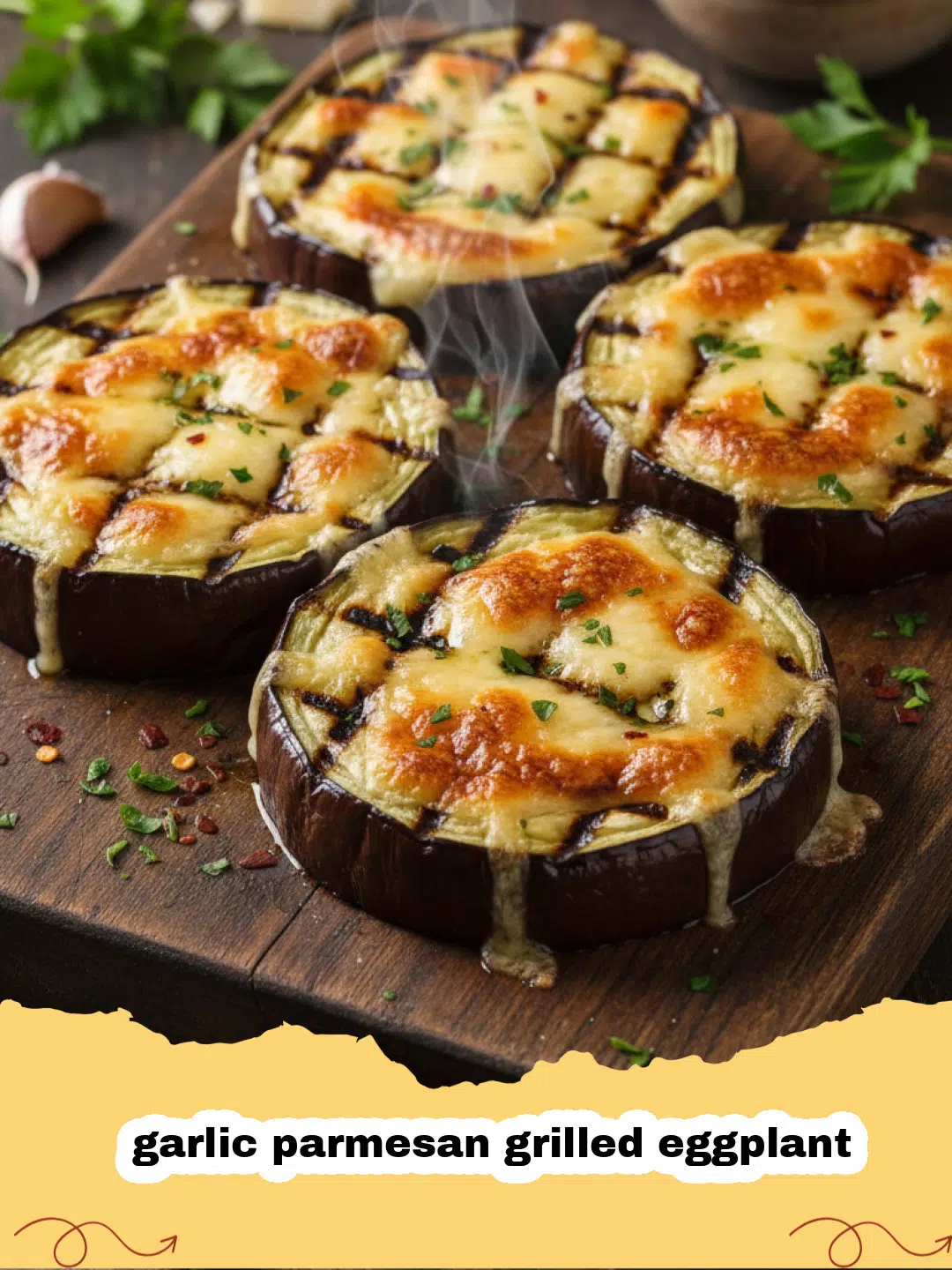 garlic parmesan grilled eggplant - Platter of grilled eggplant slices topped with melted Parmesan cheese and fresh parsley, against a rustic outdoor background.