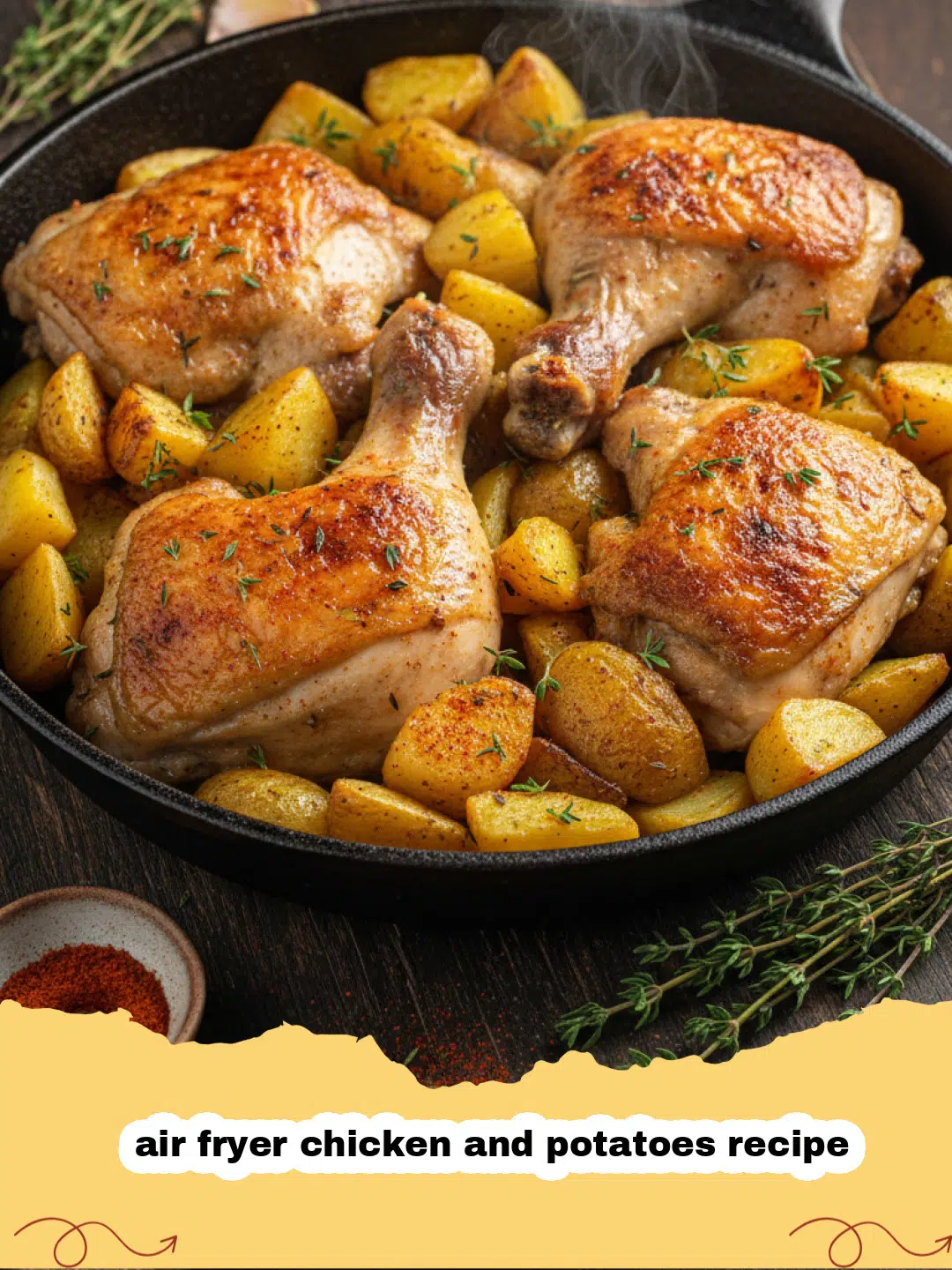 air fryer chicken and potatoes recipe - Close-up of perfectly cooked air fryer chicken and potatoes with herbs on a plate.