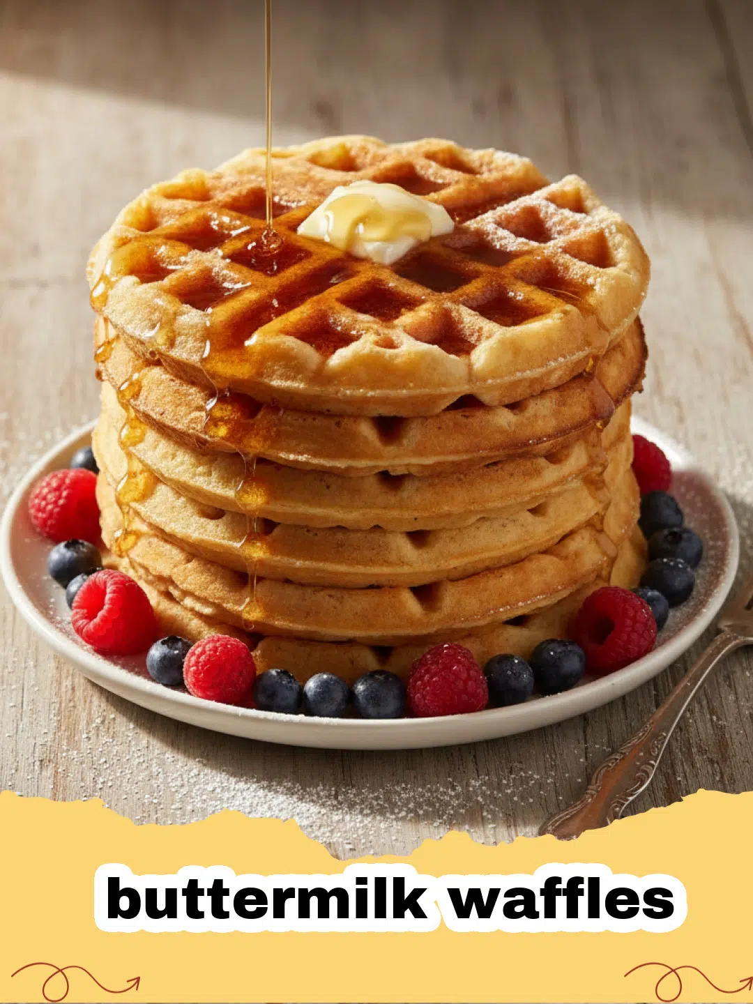 Stack of golden-brown fluffy buttermilk waffles topped with fresh berries and maple syrup on a white plate