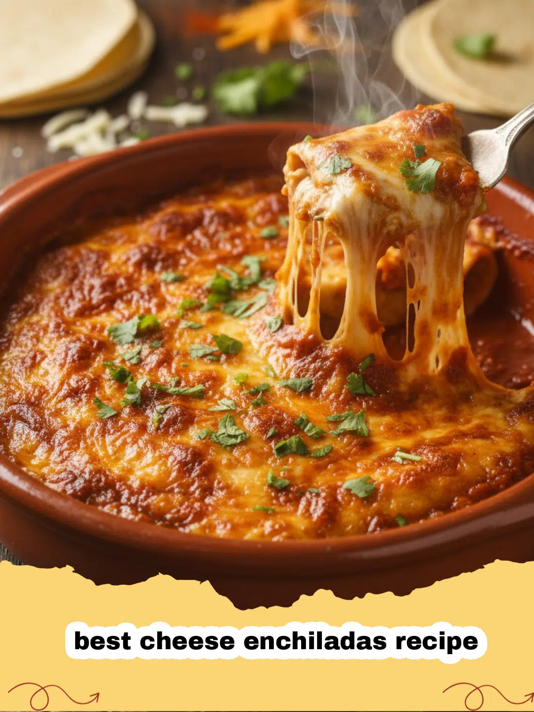 best cheese enchiladas recipe - Close-up of a bubbling casserole dish filled with golden-brown cheese enchiladas, topped with melted cheese and fresh cilantro.