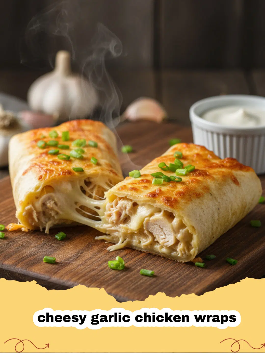 cheesy garlic chicken wraps - Close-up of a toasted cheesy garlic chicken wrap cut in half with melted cheese stretching.