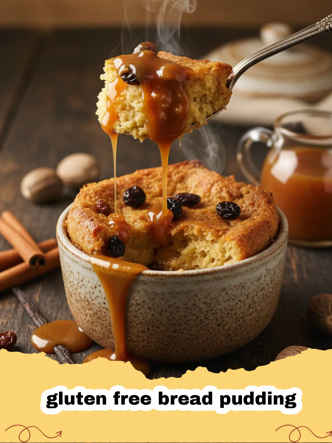 Close-up of a golden brown gluten free bread pudding in a baking dish, dusted with powdered sugar.