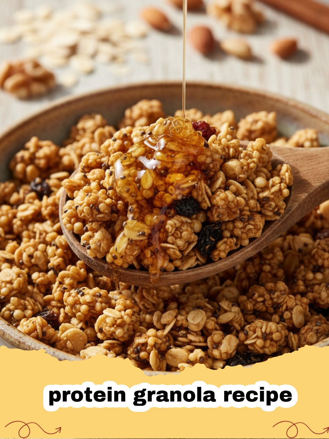 protein granola recipe - Close-up of golden, crunchy high-protein granola clusters with nuts and seeds on a baking sheet.