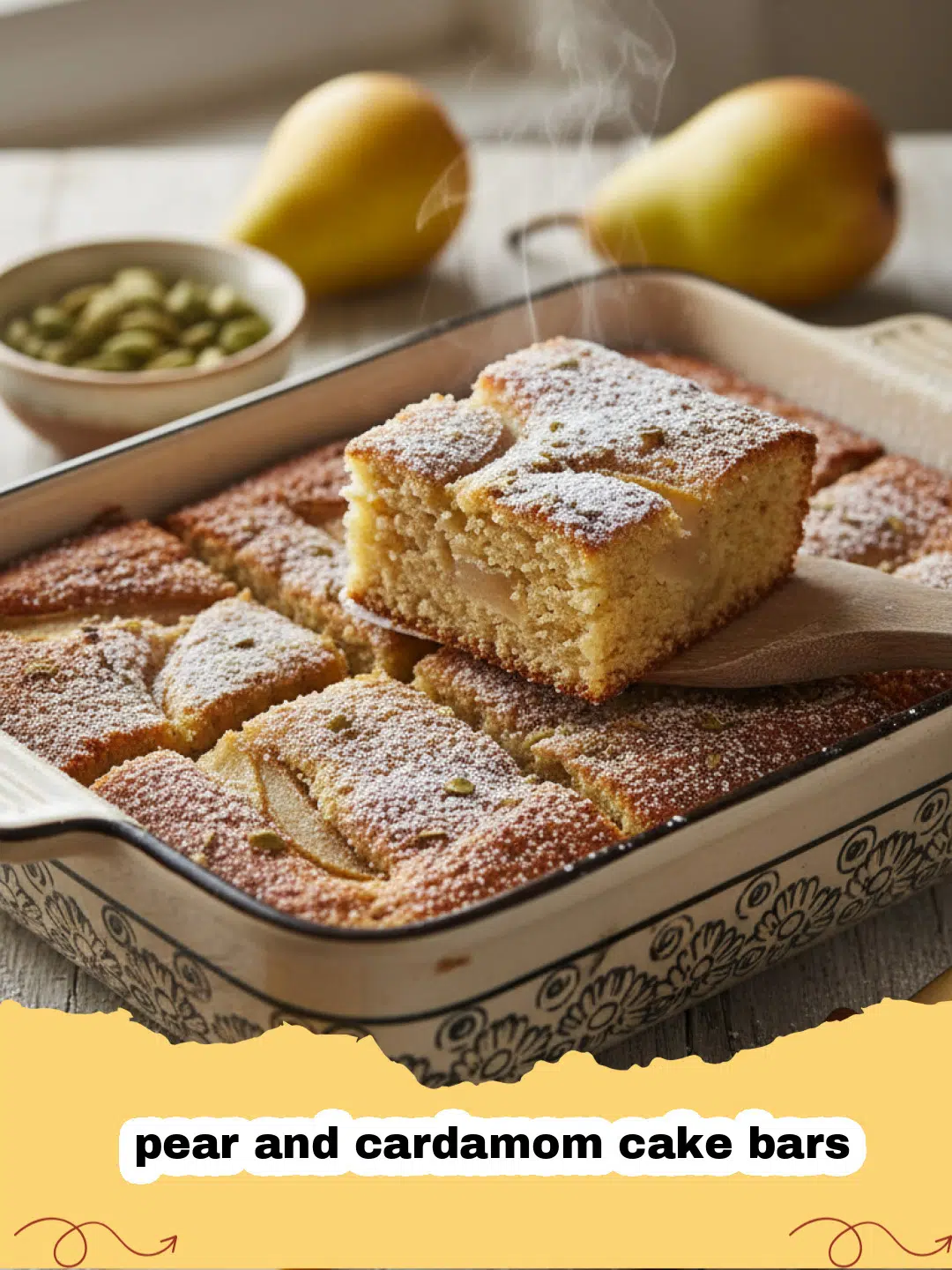 A tray of freshly baked pear and cardamom cake bars dusted with sugar.