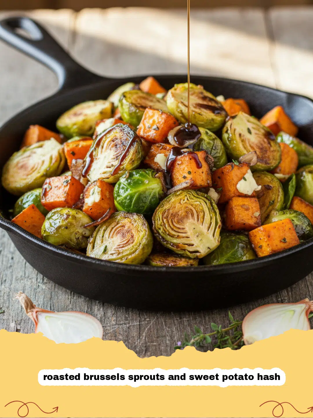 A baking sheet filled with roasted brussels sprouts and sweet potato hash garnished with pecans.
