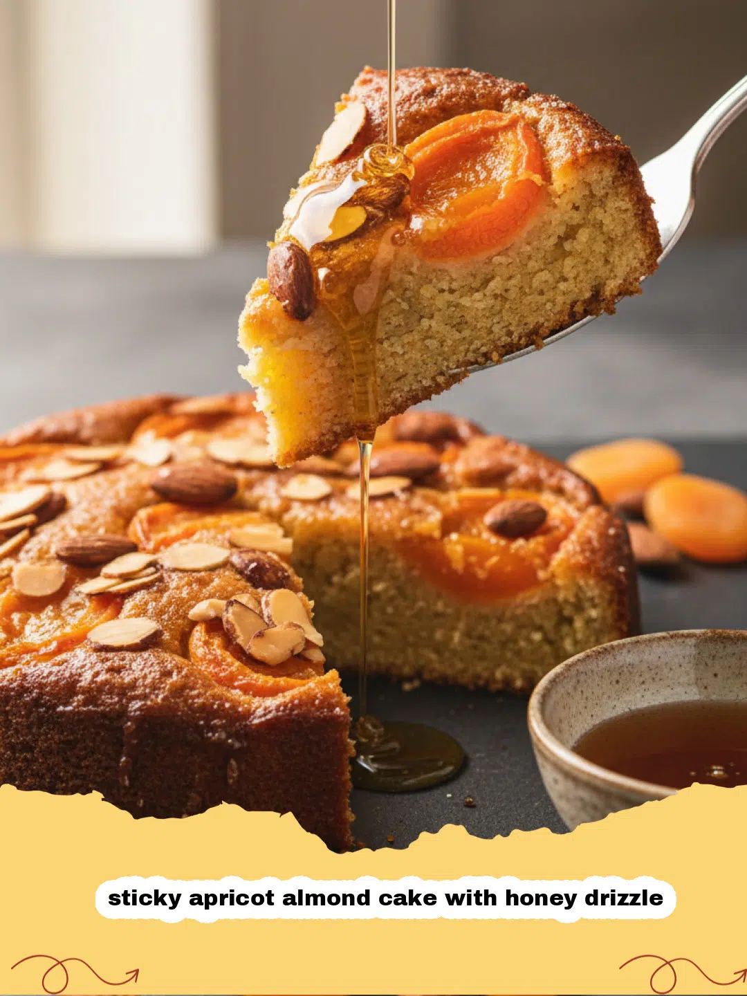 A golden sticky apricot almond cake with honey drizzle on a rustic wooden board.
