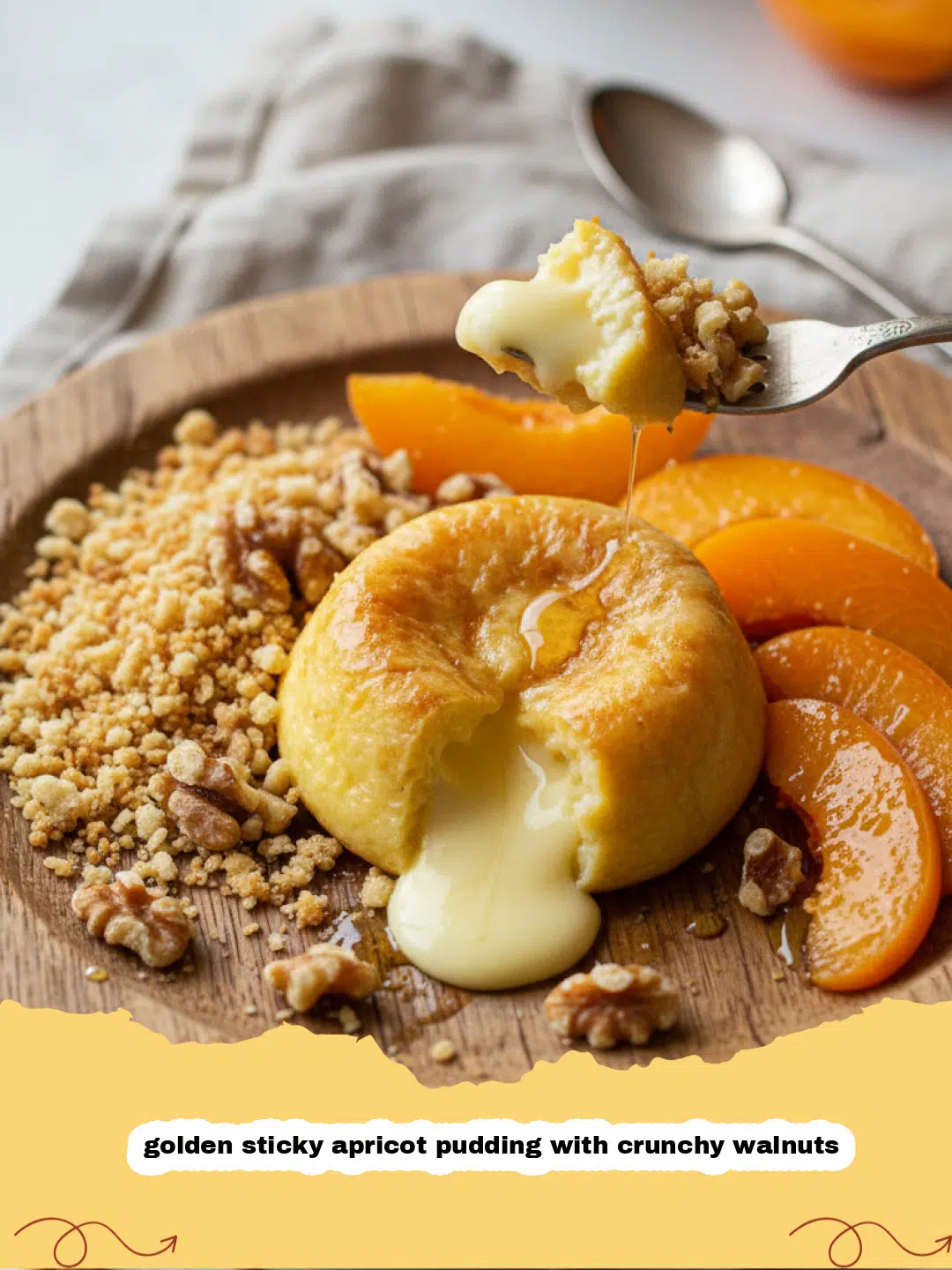 A close-up shot of a golden sticky apricot pudding with crunchy walnuts drizzled with syrup.