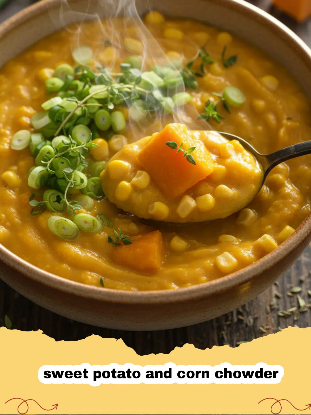 A steaming bowl of creamy sweet potato and corn chowder garnished with chives.