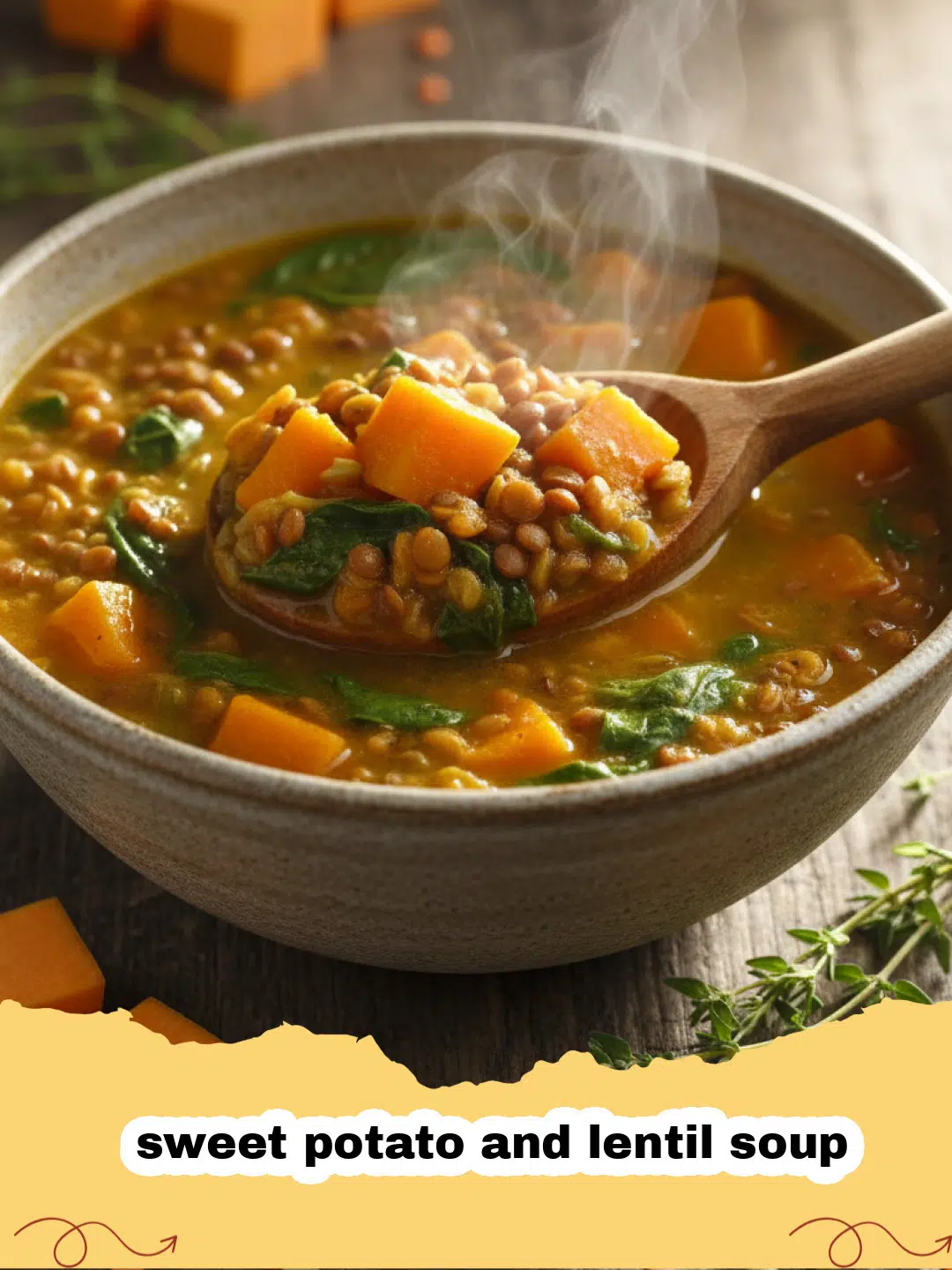 A bowl of vibrant orange sweet potato and lentil soup topped with cilantro and seeds.