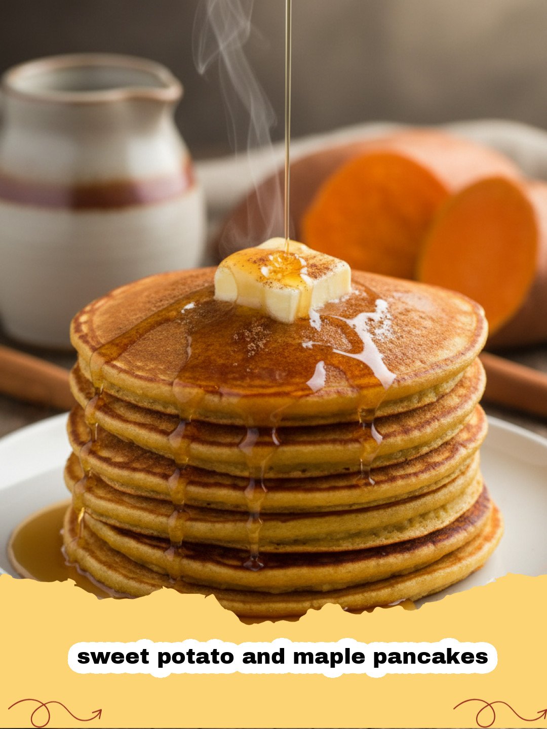 A tall stack of fluffy sweet potato and maple pancakes topped with butter and syrup