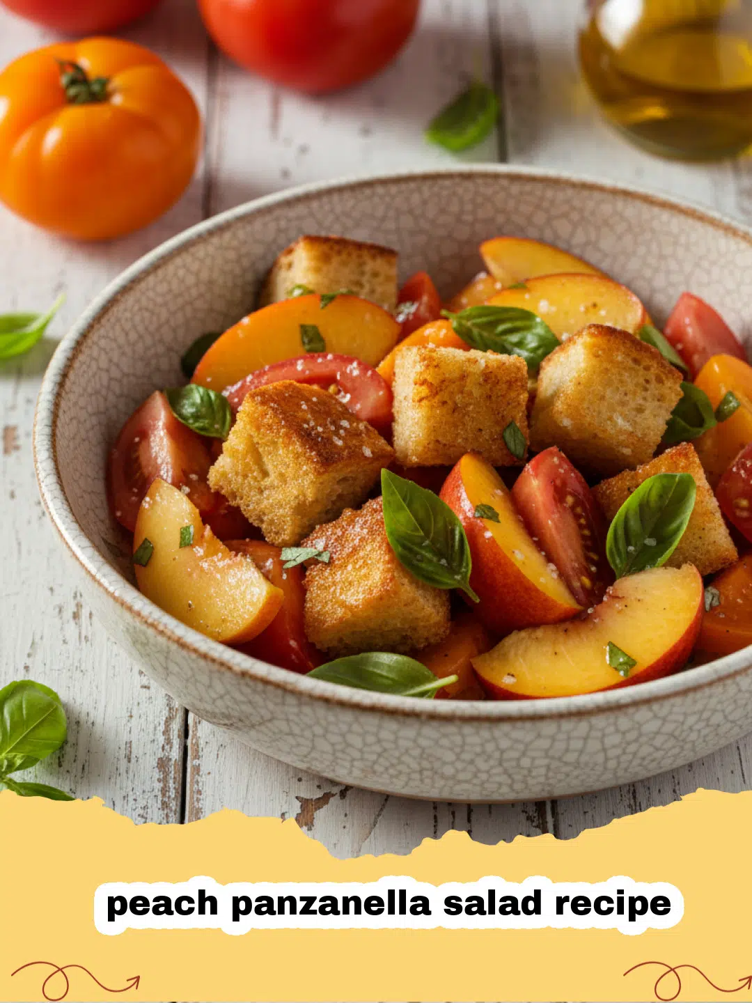 peach panzanella salad recipe - A vibrant bowl of peach panzanella salad with toasted bread, fresh peaches, tomatoes, basil, and mozzarella.