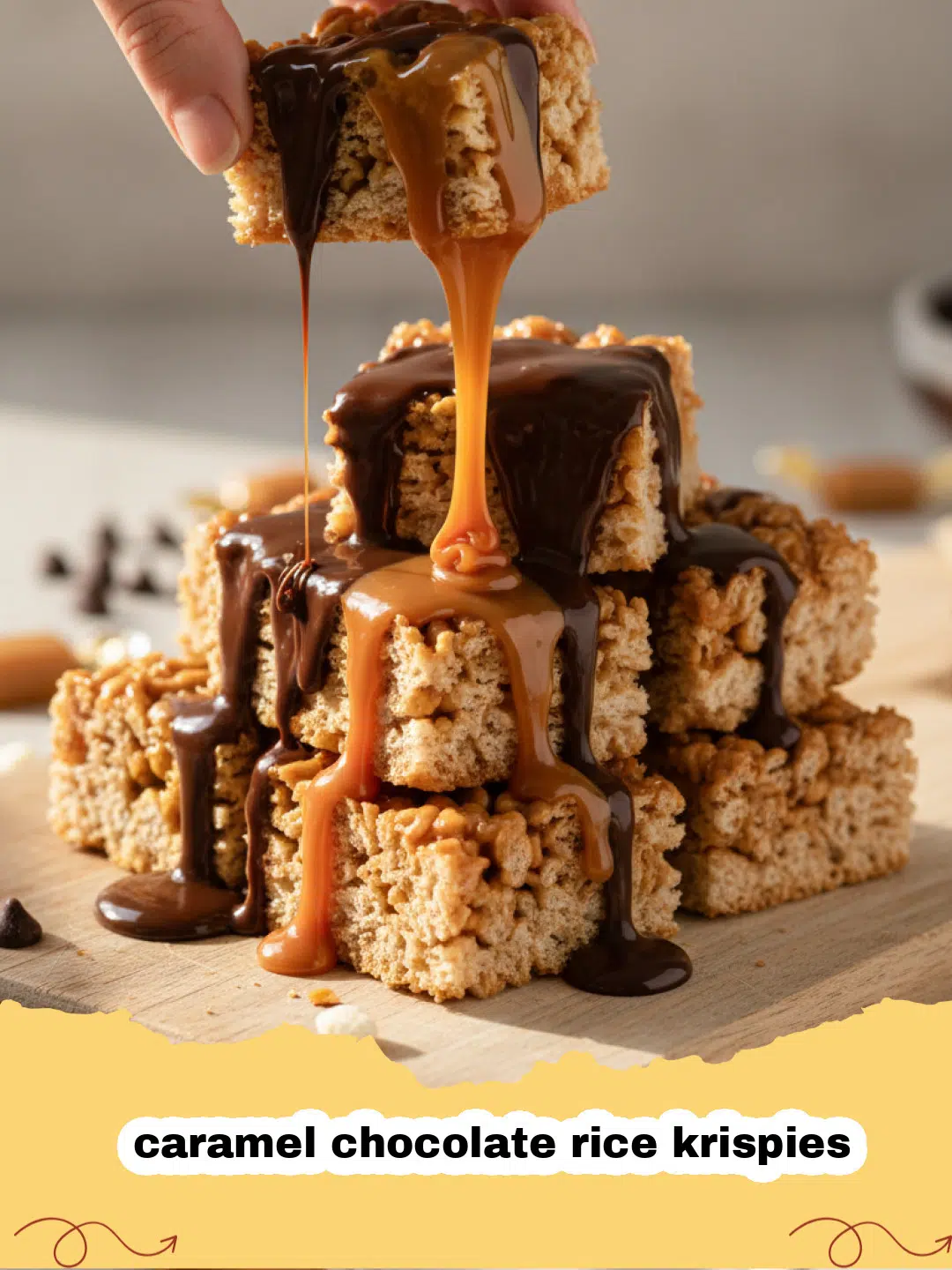 Close-up of caramel chocolate rice krispies treats stacked on a plate, showing gooey caramel and chocolate drizzle.
